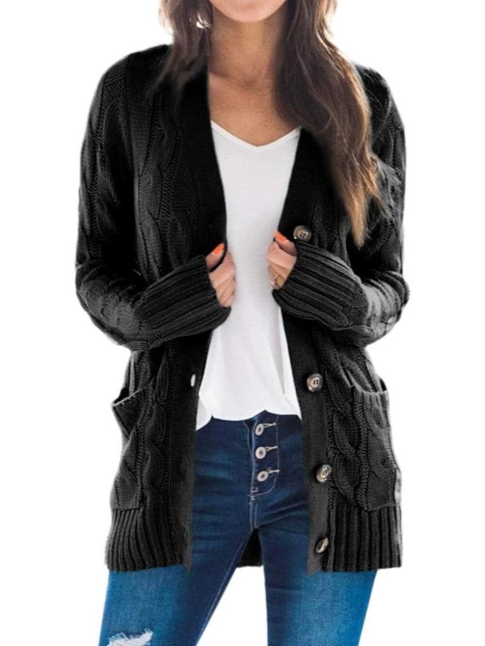 Women's Black Cable Knit Long Sleeve Open Front Button Down Cardigan Sweaters